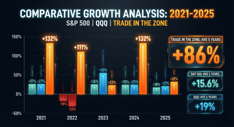 Trade in the Zone yearly returns compared with the S&P 500 and QQQ, 2021 to 2025